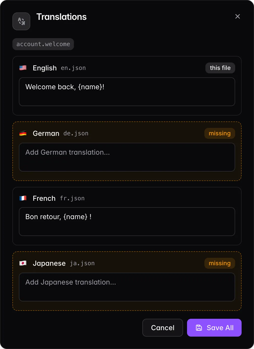LocaleBit translations dialog highlighting the languages a key is missing in